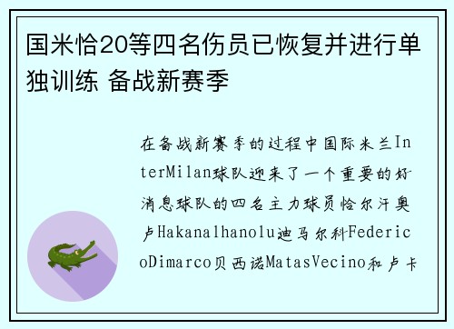国米恰20等四名伤员已恢复并进行单独训练 备战新赛季