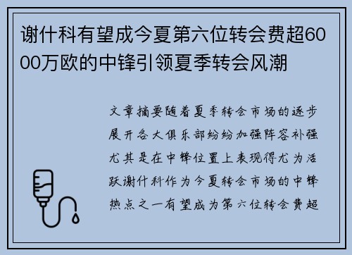 谢什科有望成今夏第六位转会费超6000万欧的中锋引领夏季转会风潮